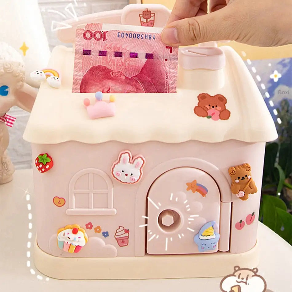 Pastel House Shaped Piggy Bank with Coin and Bill Slot - bag