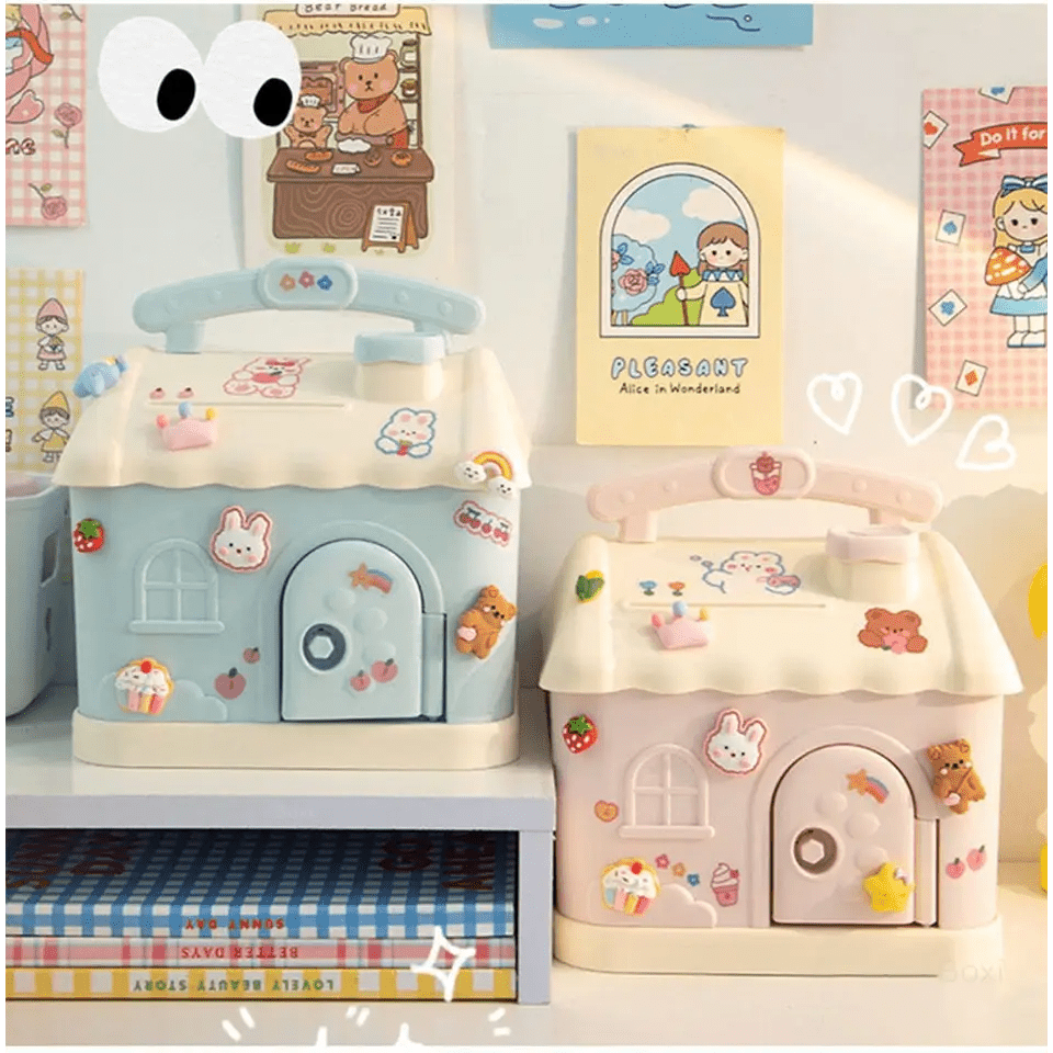 Pastel House Shaped Piggy Bank with Coin and Bill Slot - Cosparty