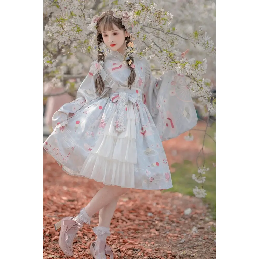 Sakura Kimono Lolita Dress - Blue / M - cherry blossom, china, chinese, dress, dresses