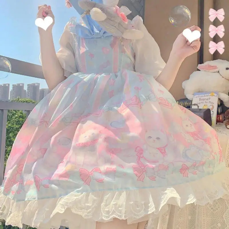 Pastel Kitten Themed Lolita Dress for Playful Princesses - Dress