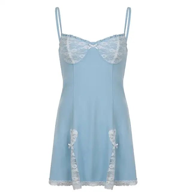 Pastel Lace Babydoll Dress with Silk Ribbons and Lace Accents - Cosparty