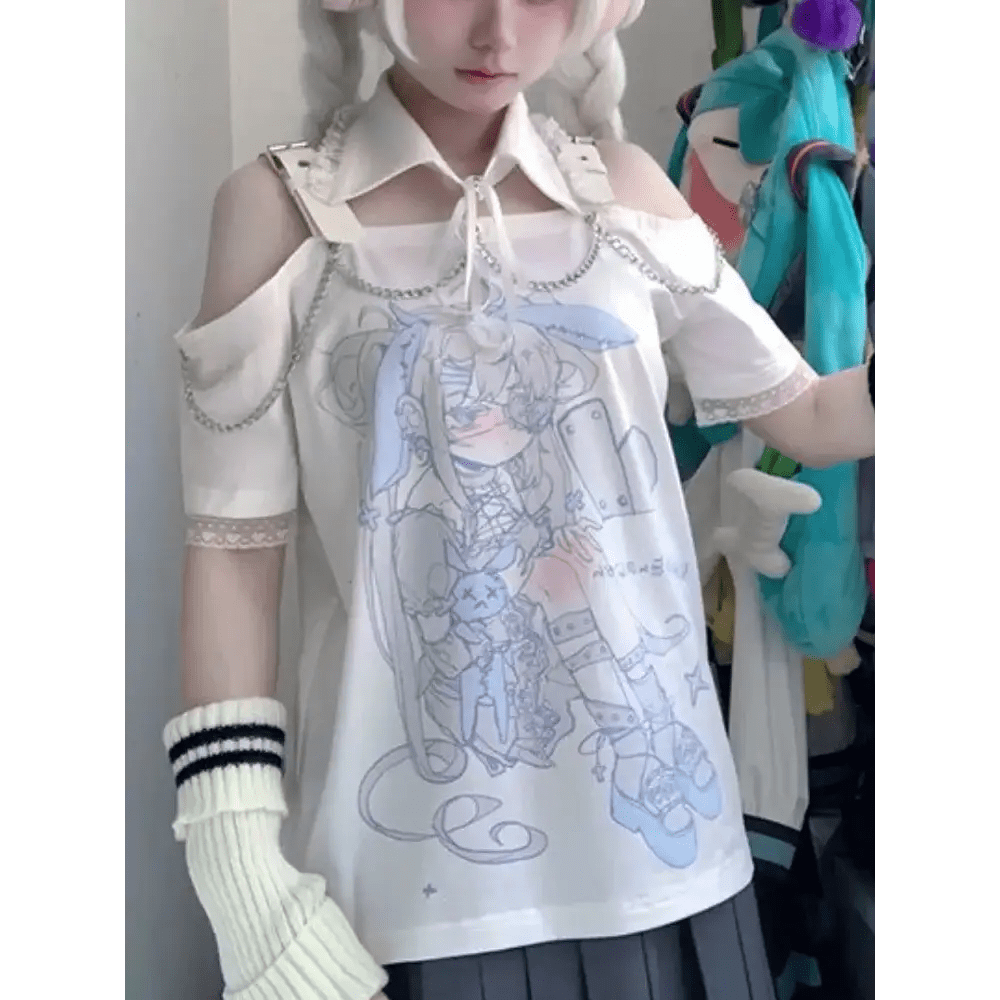 Pastel Menhera Off The Shoulder Tee for Kawaii Anime Lovers - Cosparty