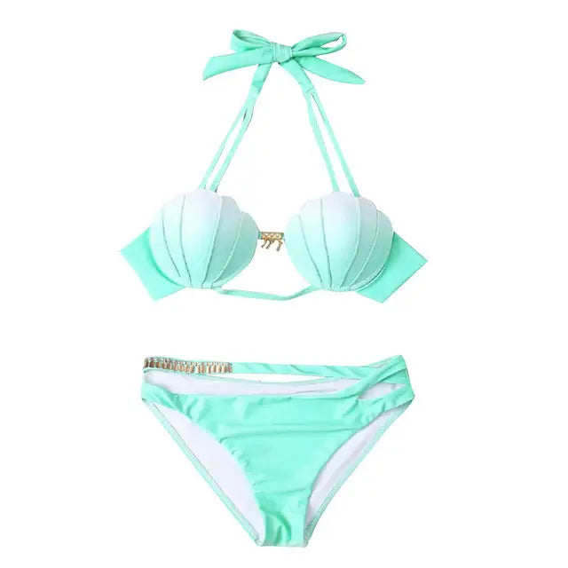 Pastel Mermaid Shell Bikini Set with Versatile Strap and Brief Styles - Teal Green / S - swimwear