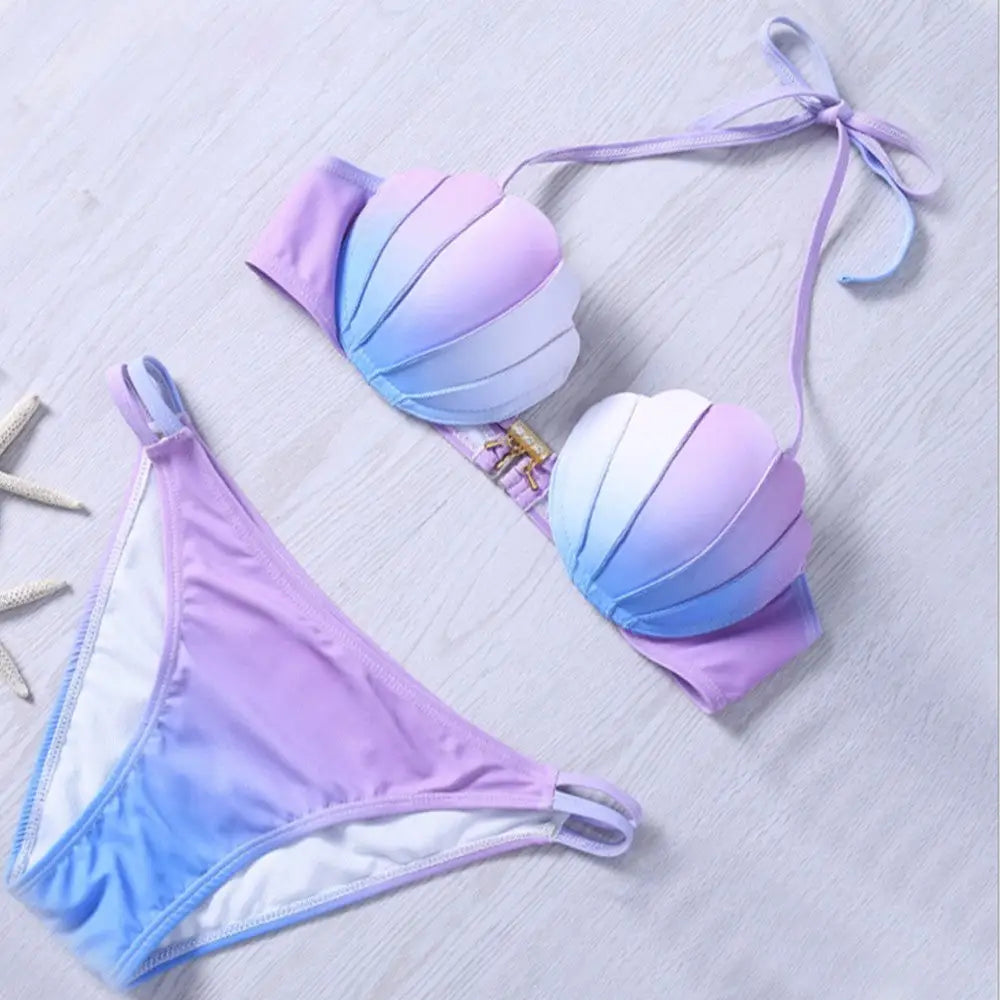 Pastel Mermaid Shell Bikini Set with Versatile Strap and Brief Styles - swimwear