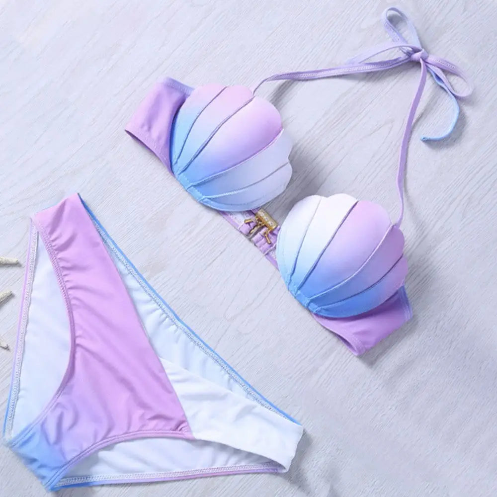 Pastel Mermaid Shell Bikini Set with Versatile Strap and Brief Styles - swimwear