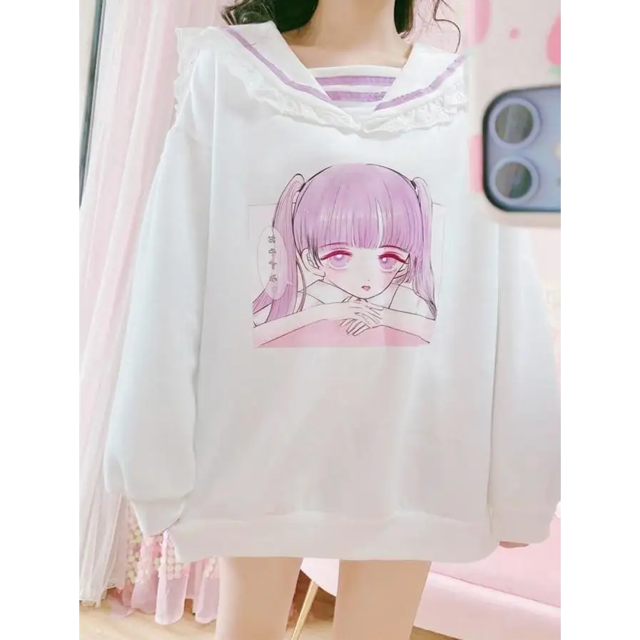 Pastel Otaku Anime Girl Collared Sweater in Pink and Purple - sweater