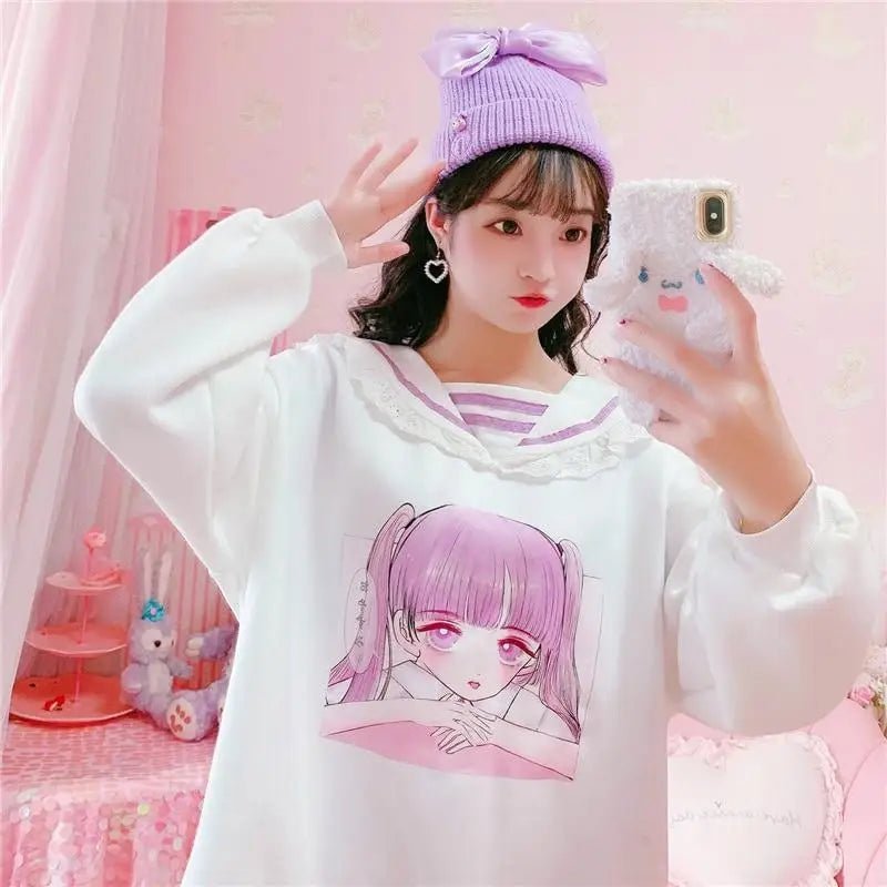 Pastel Otaku Anime Girl Collared Sweater in Pink and Purple - Cosparty