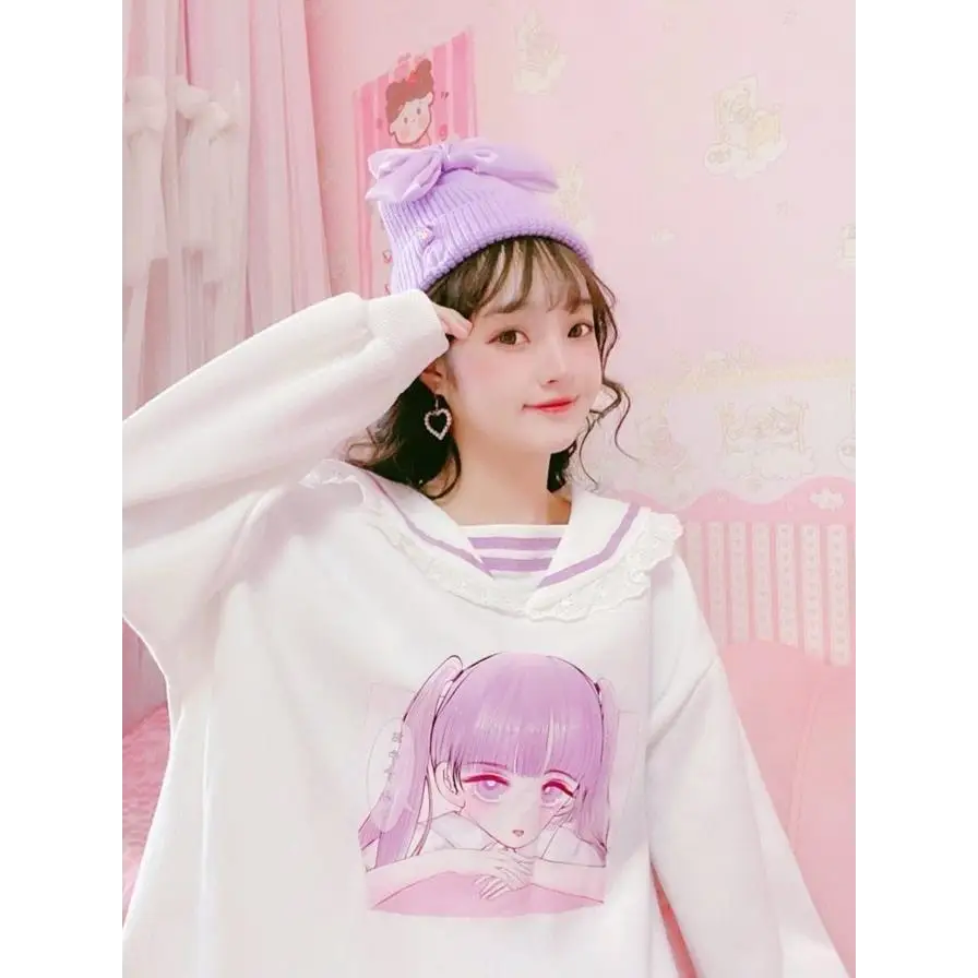 Pastel Otaku Anime Girl Collared Sweater in Pink and Purple - sweater