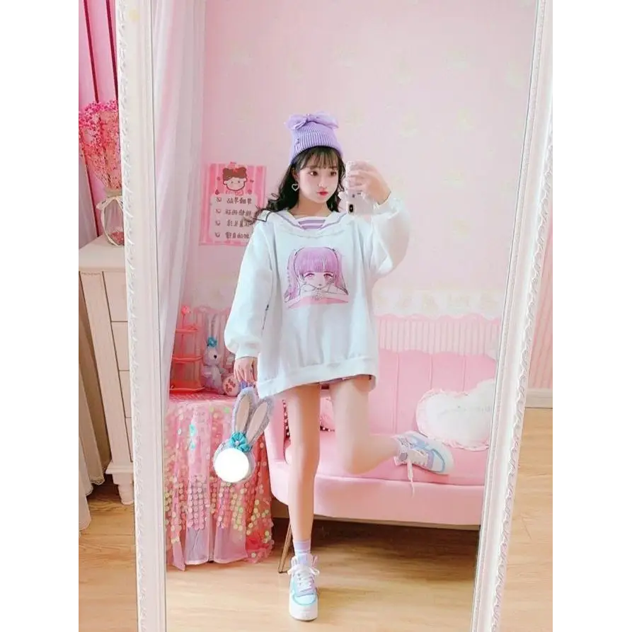 Pastel Otaku Anime Girl Collared Sweater in Pink and Purple - sweater