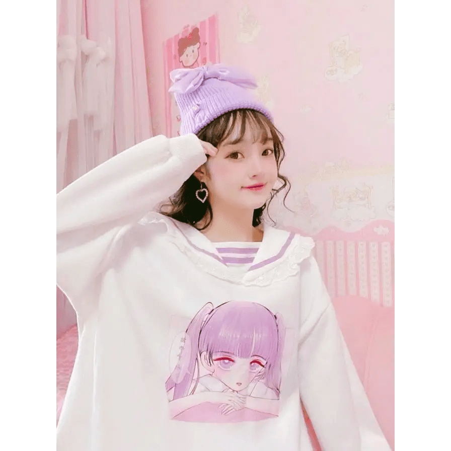 Pastel Otaku Anime Girl Collared Sweater in Pink and Purple - Cosparty