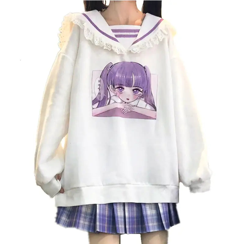 Pastel Otaku Anime Girl Collared Sweater in Pink and Purple - sweater