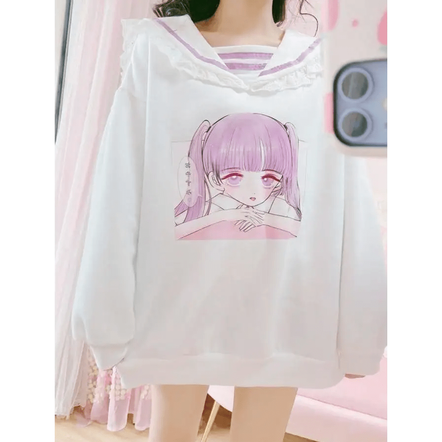 Pastel Otaku Anime Girl Collared Sweater in Pink and Purple - Cosparty