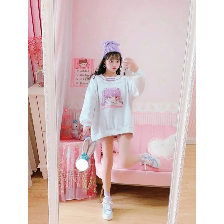 Pastel Otaku Anime Girl Collared Sweater in Pink and Purple - Cosparty