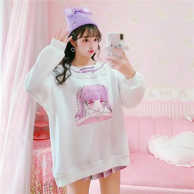 Pastel Otaku Anime Girl Collared Sweater in Pink and Purple - sweater