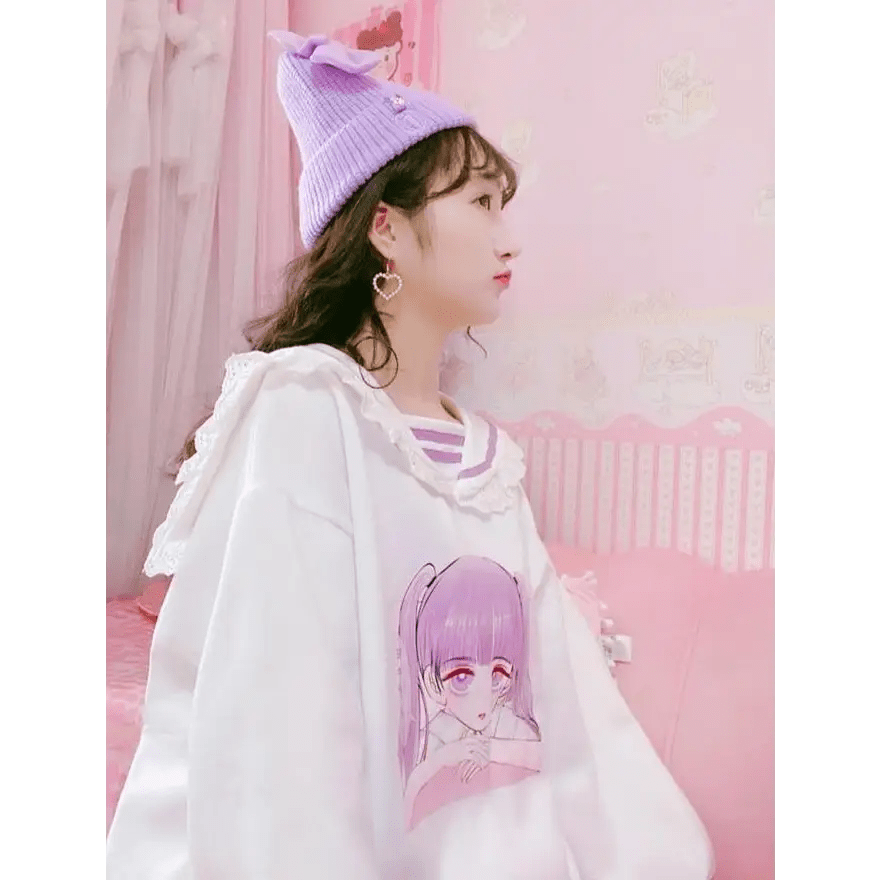 Pastel Otaku Anime Girl Collared Sweater in Pink and Purple - Cosparty