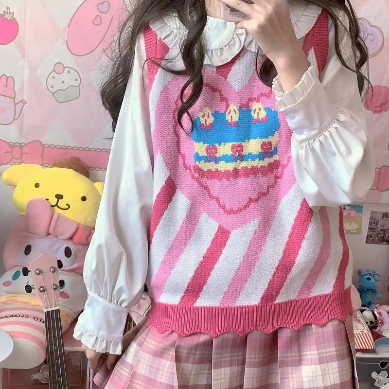 Pastel Party-Kei Birthday Cake Knit Vest for Sweet Celebrations - vest