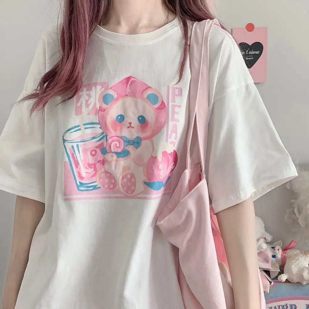 Pastel Peach Bear Tee Inspired by Kawaii Fashion and Anime - Cosparty