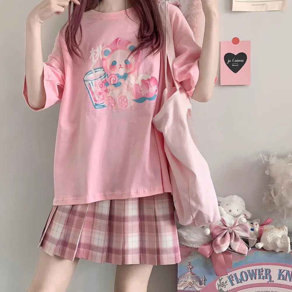 Pastel Peach Bear Tee Inspired by Kawaii Fashion and Anime - tshirt