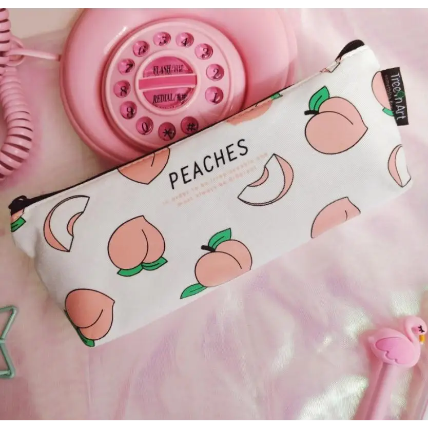 Peaches Cosmetic Make-Up Bag Stationary Pencil Case Zipper Peach Fruit Kawaii Style Clutch Purse