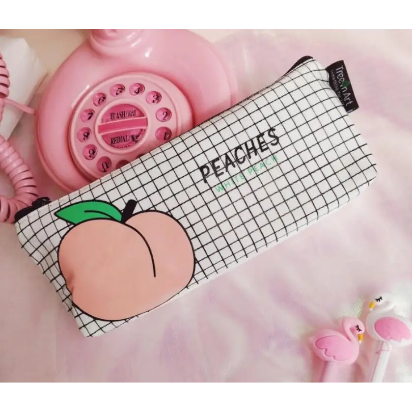 Peaches Cosmetic Make-Up Bag Stationary Pencil Case Zipper Peach Fruit Kawaii Style Clutch Purse