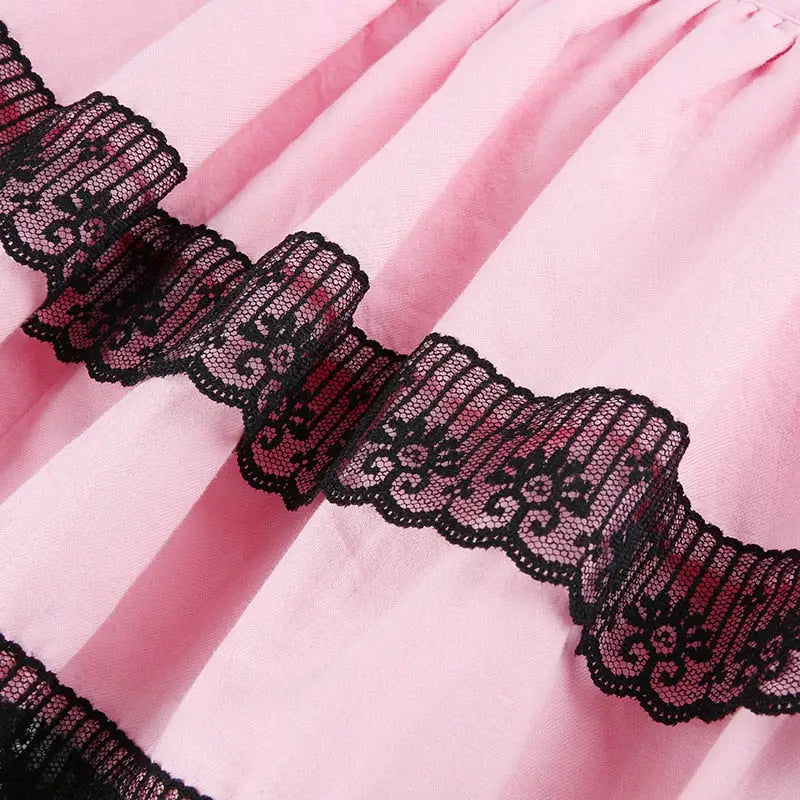 Pastel Pink and Jet Black Layered Ruffle Skirt - Skirts