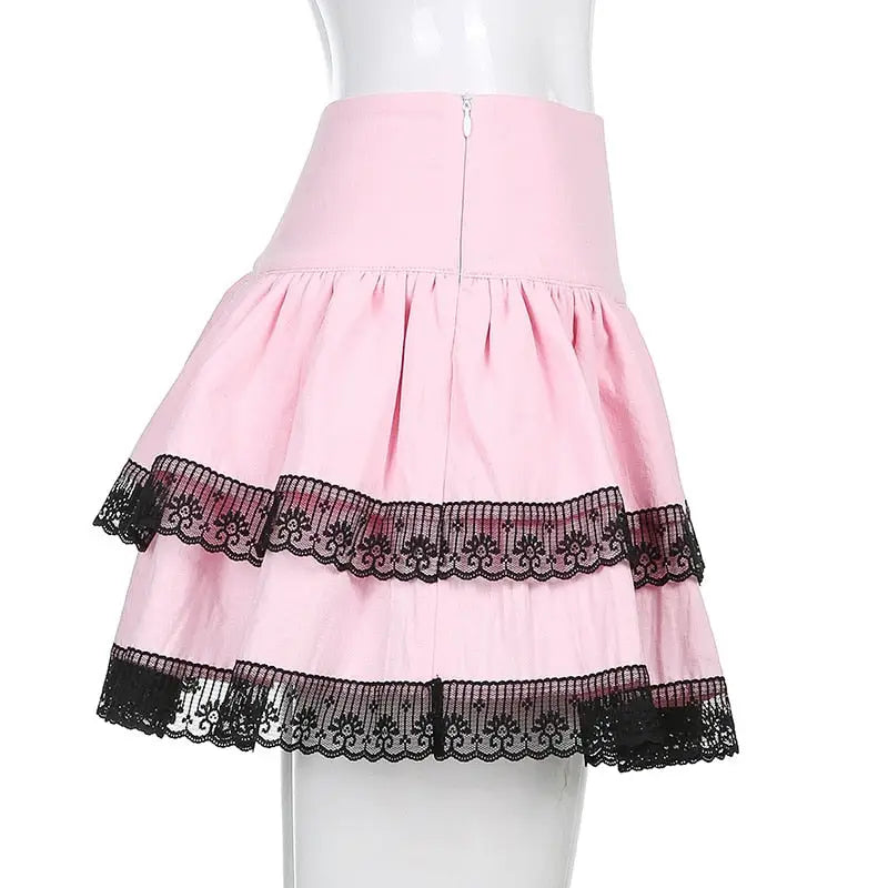 Pastel Pink and Jet Black Layered Ruffle Skirt - Skirts