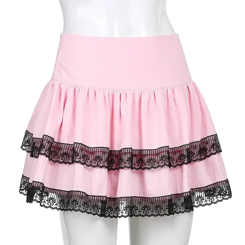 Pastel Pink and Jet Black Layered Ruffle Skirt - Skirts