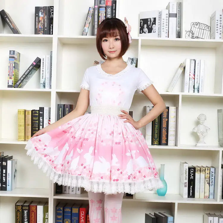 Pastel Pink Cherry Blossom Bunny Rabbit Lolita Skirt - Skirts