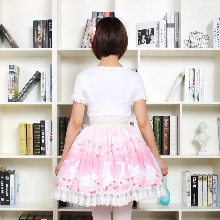 Pastel Pink Cherry Blossom Bunny Rabbit Lolita Skirt - Cosparty