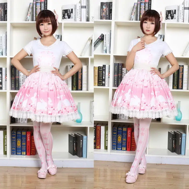 Pastel Pink Cherry Blossom Bunny Rabbit Lolita Skirt - Skirts