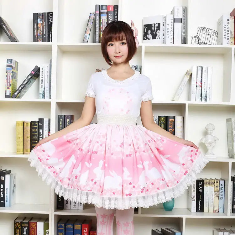 Pastel Pink Cherry Blossom Bunny Rabbit Lolita Skirt - Skirts