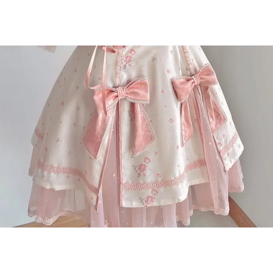 Pastel Pink Cherry Blossom Print Kimono Lolita Dress - dress