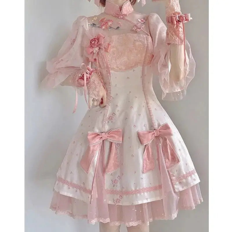 Pastel Pink Cherry Blossom Print Kimono Lolita Dress - dress