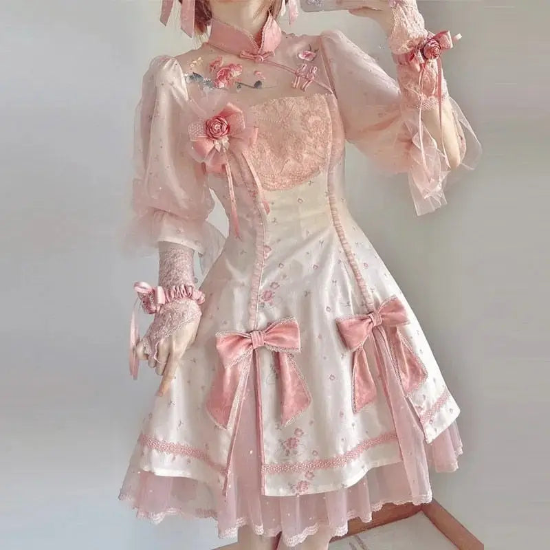 Pastel Pink Cherry Blossom Print Kimono Lolita Dress - dress