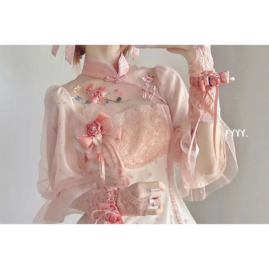 Pastel Pink Cherry Blossom Print Kimono Lolita Dress - dress