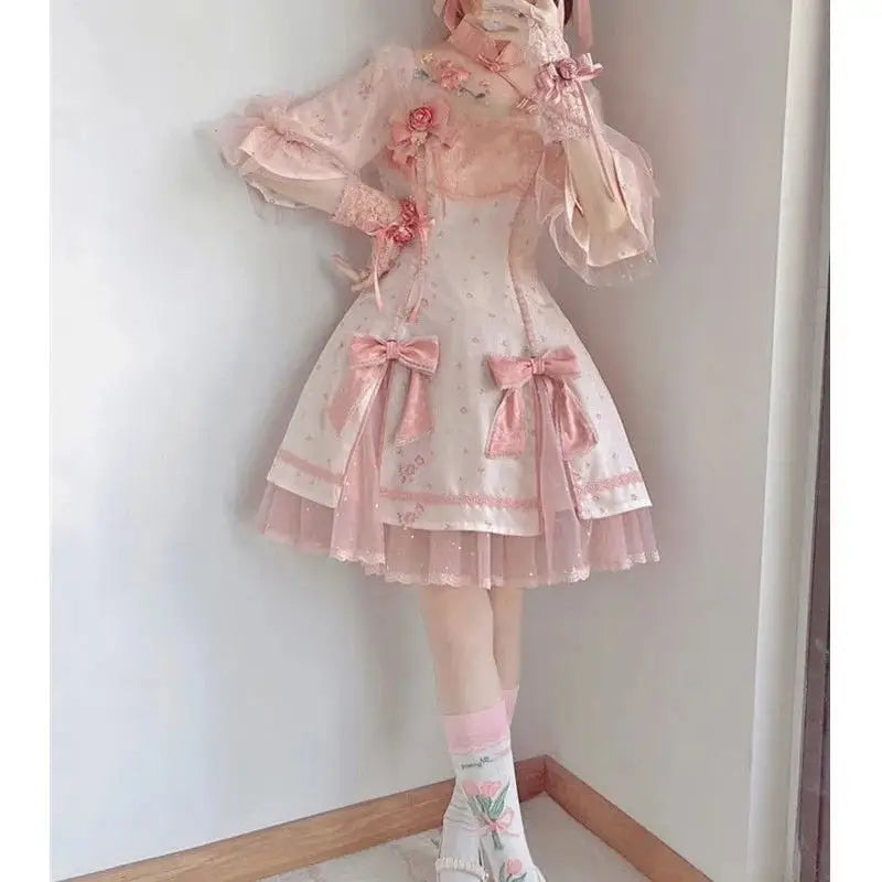 Pastel Pink Cherry Blossom Print Kimono Lolita Dress - dress