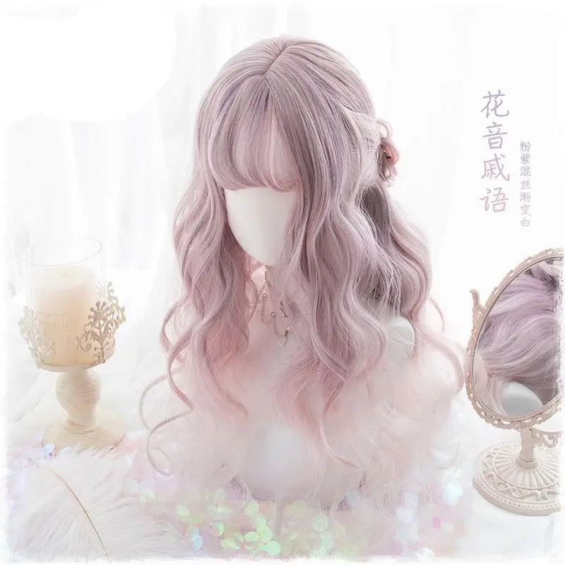 Pastel Pink Ethereal Wavy Lolita Wig with Sweet Fringe - wig