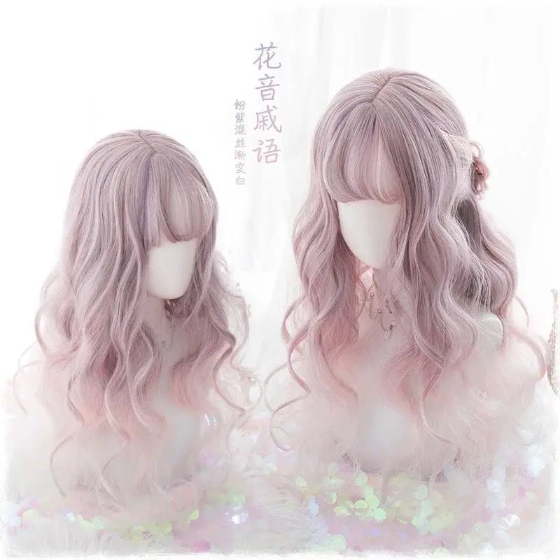 Pastel Pink Ethereal Wavy Lolita Wig with Sweet Fringe - Cosparty
