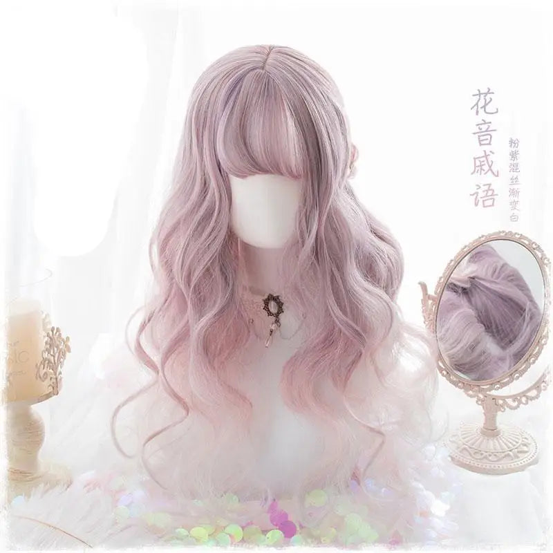 Pastel Pink Ethereal Wavy Lolita Wig with Sweet Fringe - wig