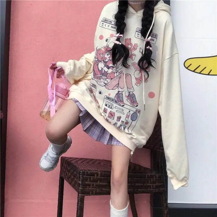 Pastel Pink Fairy-Kei Hoodie with Anime Girl Print Org Instock New Condition - sweater