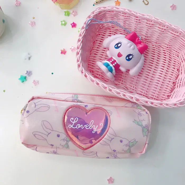 Pastel Pink Holographic Cosmetic Bag with Kawaii Bunny Print - Purse