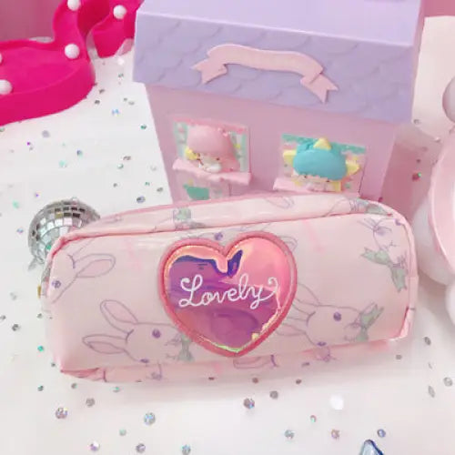 Pastel Pink Holographic Cosmetic Bag with Kawaii Bunny Print - Long Rectangle - Purse