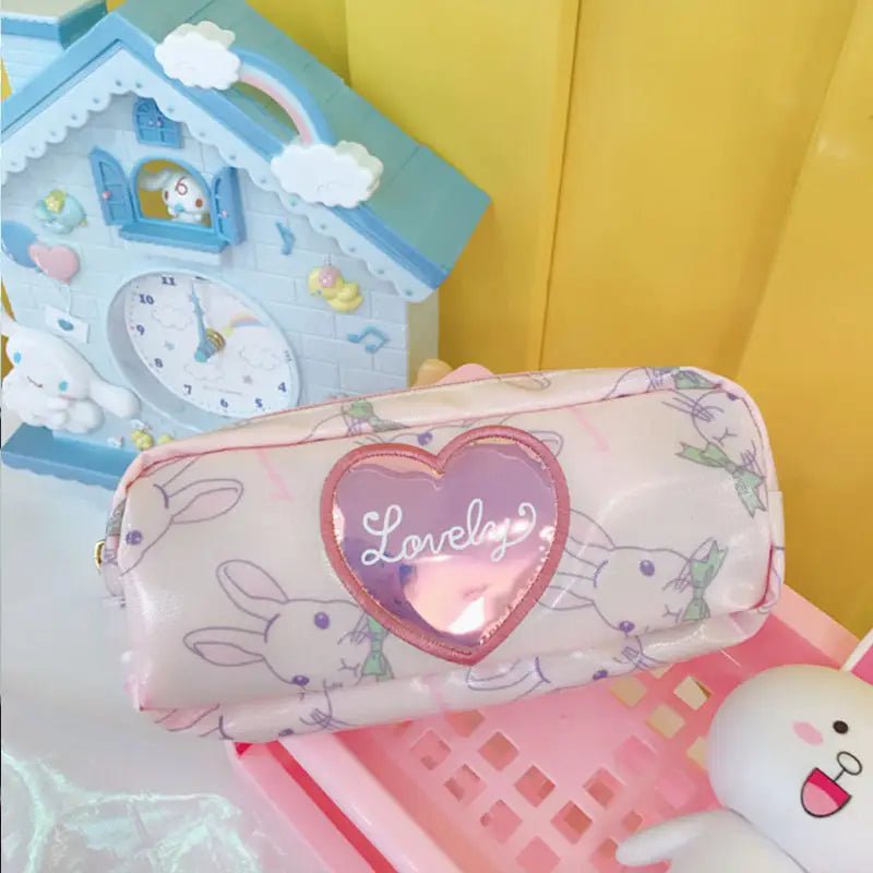 Pastel Pink Holographic Cosmetic Bag with Kawaii Bunny Print - Cosparty