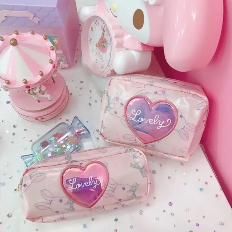 Pastel Pink Holographic Cosmetic Bag with Kawaii Bunny Print - Purse