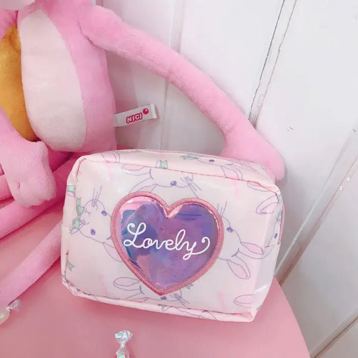 Pastel Pink Holographic Cosmetic Bag with Kawaii Bunny Print - Cosparty