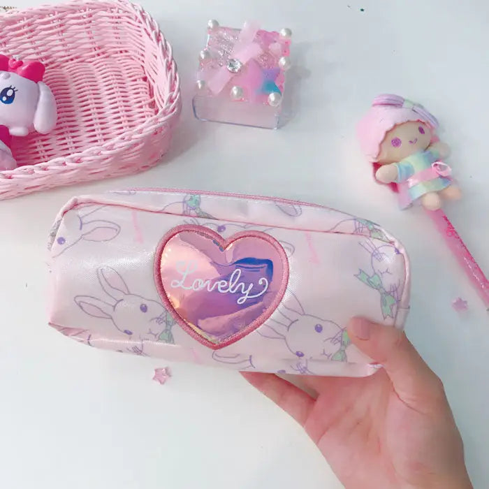 Pastel Pink Holographic Cosmetic Bag with Kawaii Bunny Print - Purse