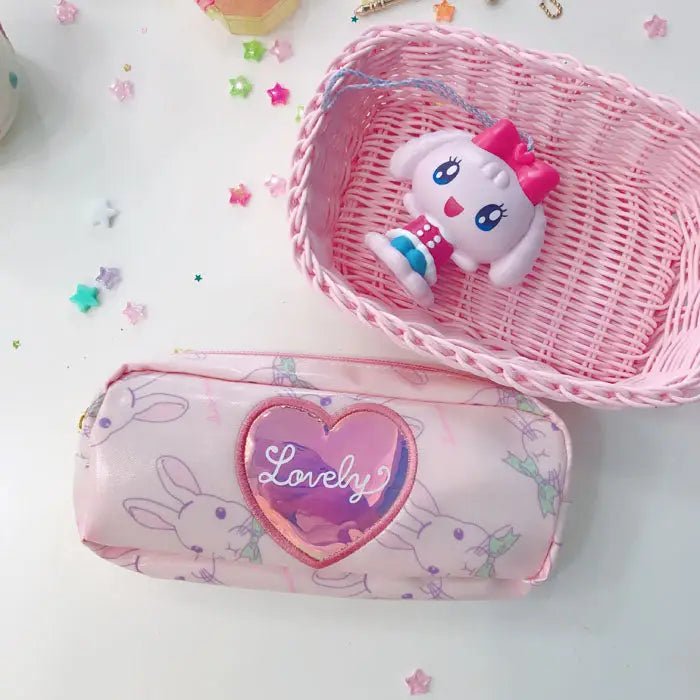 Pastel Pink Holographic Cosmetic Bag with Kawaii Bunny Print - Cosparty