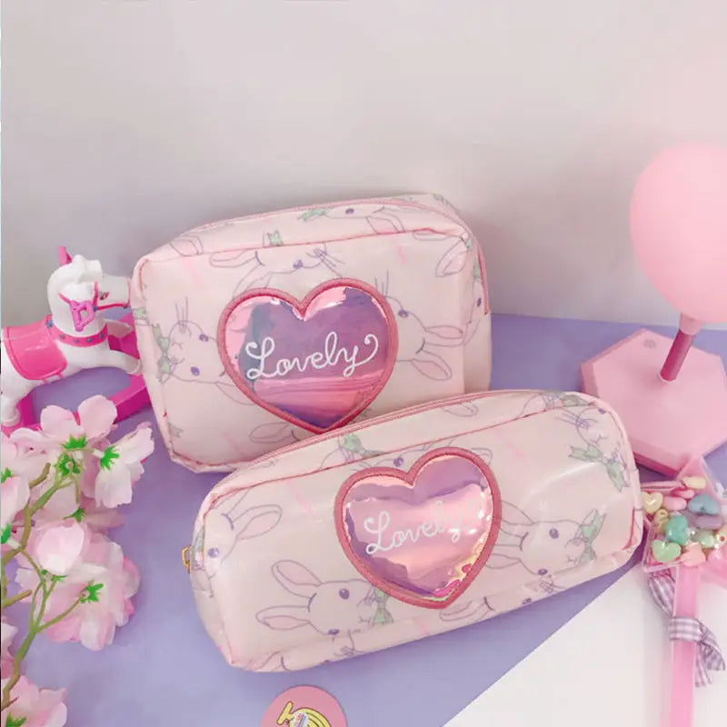 Pastel Pink Holographic Cosmetic Bag with Kawaii Bunny Print - Purse