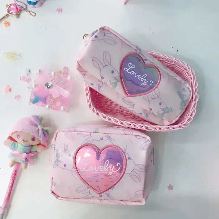 Pastel Pink Holographic Cosmetic Bag with Kawaii Bunny Print - Purse