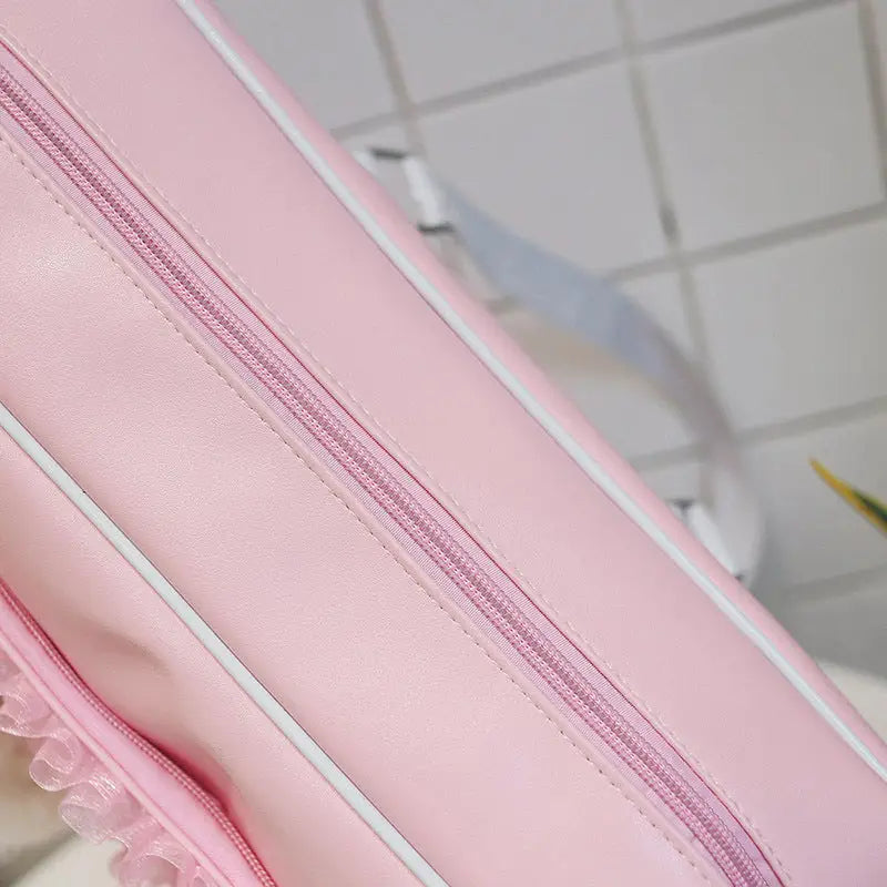 Pastel Pink Kawaii Duffle Handbag with Lace and Bow Details - Purse